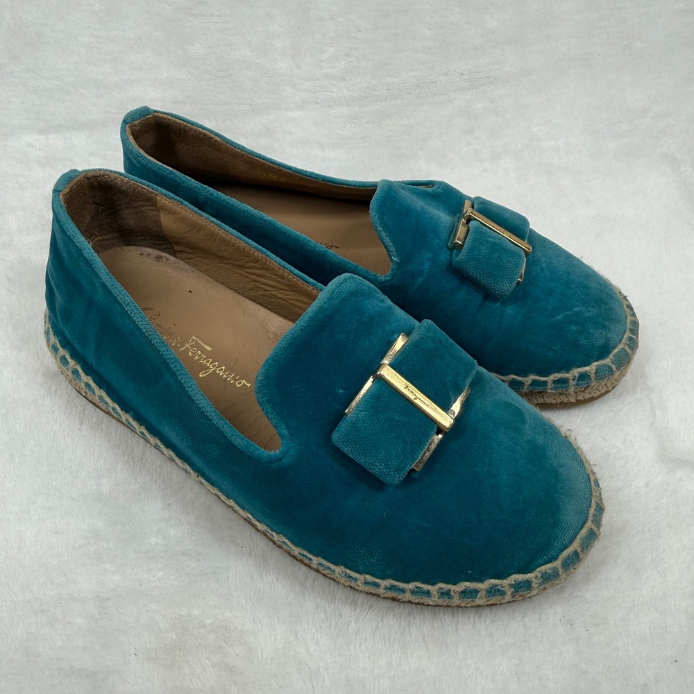 Salvatore Ferragamo Teal Velvet Espadrille Loafers Gold Buckle Italy EU 28 0W